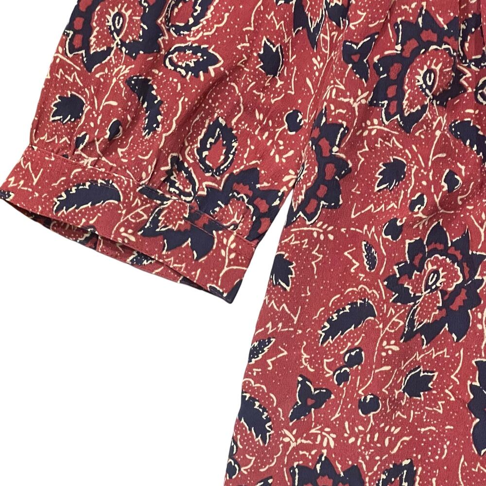 Madewell Silk Baby Doll Dress Assam Floral Red Blue Boho Lace-up Neck Size XXS - Picture 5 of 9